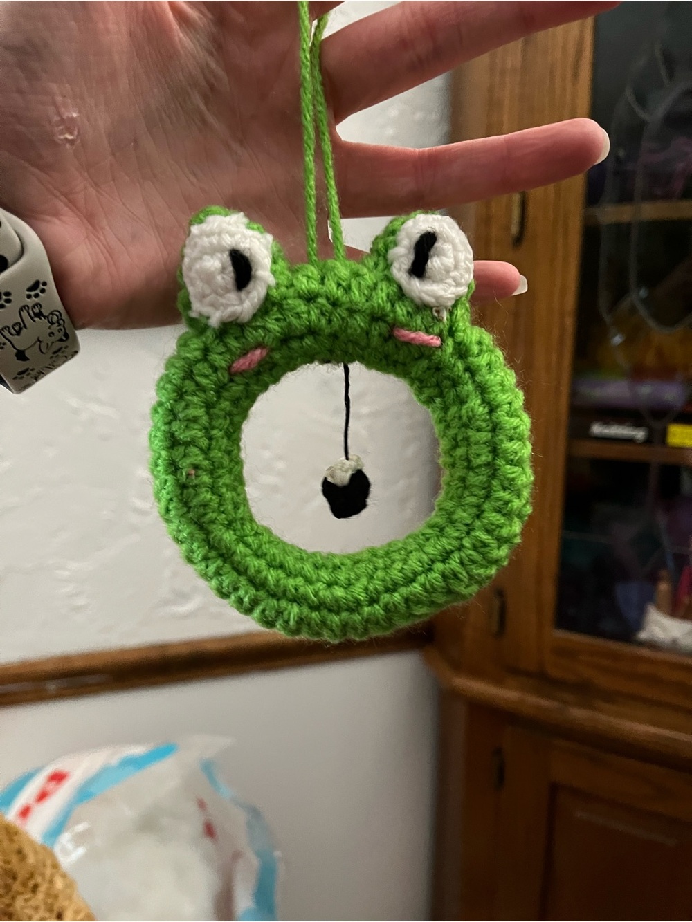 Green Crochet Frog Ring Pet Toy with Hanging Loop